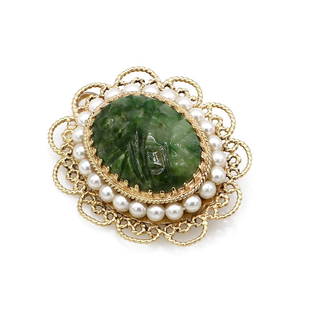 S. Gamliel 14K YG Carved Nephrite and Pearl Brooch: Beautiful brooch in 14k yellow gold featuring carved nephrite outlined by a row of pearls. It is 35mm x 30mm and weighs 9.5 grams. Pearls are 3mm. Signed S. Gamliel with the gold content. wsalp0001 