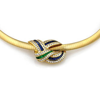 18K YG Charles Krypell Diamond Emerald & Sapphire: Beautiful 18k yellow gold Charles Krypell pendant on omega necklace. The pendant features 1.43ctw of diamonds, 1.87ctw of blue sapphire, and 0.81ctw of emerald. The omega necklace is 15.5" long and