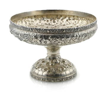 Tiffany & Co Makers Sterling Silver Floral Compote: Sterling silver compote by Tiffany & Co Makers featuring a very well done floral motif. It measures approx 5" T x 7.75" W and weighs 17.1ozt Please review all photos closely. The nonappearance of