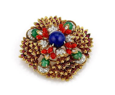 Multi Colored Gemstone and Diamond Brooch in 18K YG: 18k yellow gold brooch featuring lapis, emerald, ruby, and diamonds set into a lovely floral motif. It is 54mm x 54mm and weighs 31 grams. ***FREE JEWELRY SHIPPING FOR OUR VIRTUAL ONLINE ONLY