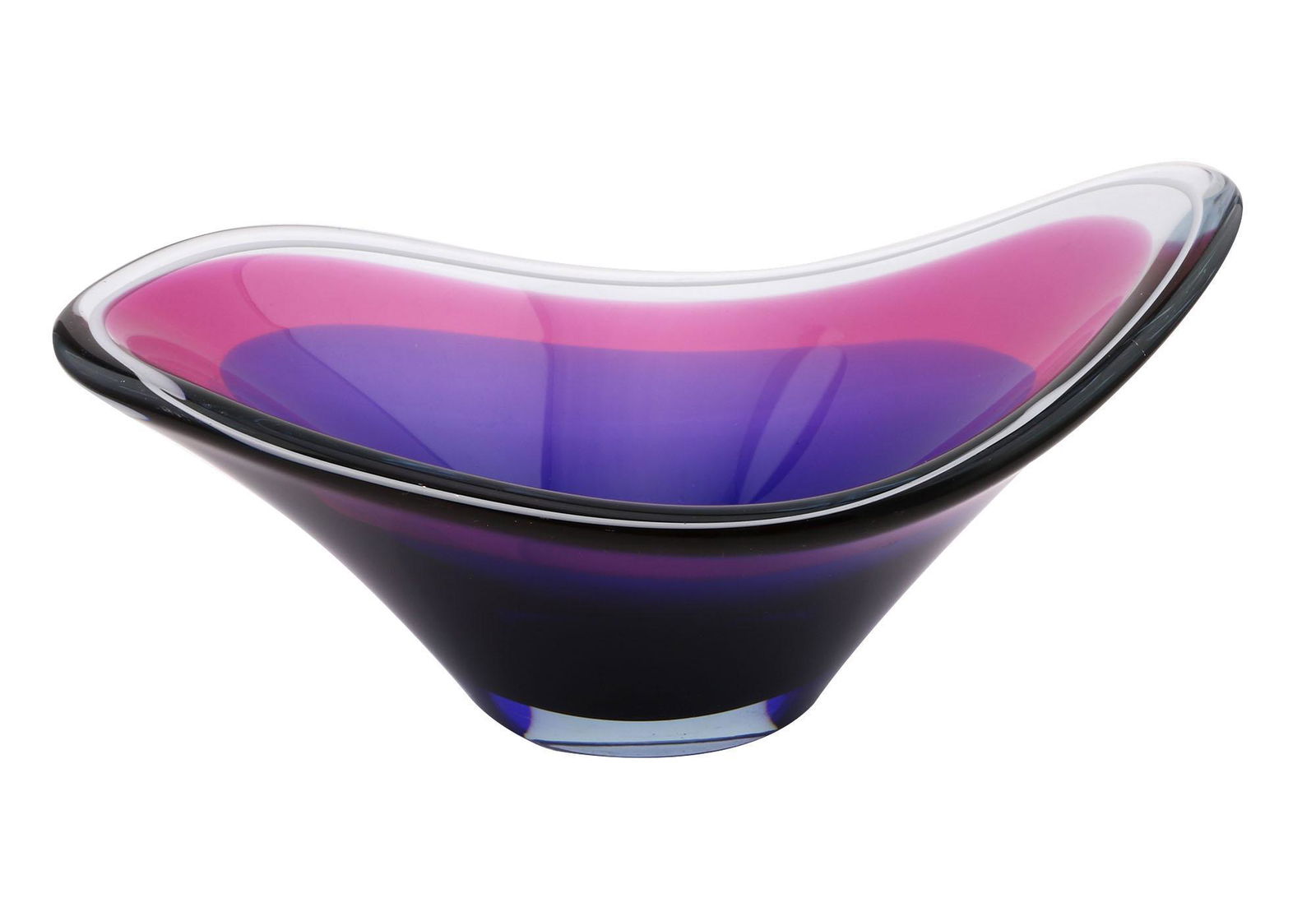 Flygsfors Coquille Modern Art Glass Bowl: Pink and purple Flygsfors Coquille art glass bowl by artist Paul Kedelv. Signed and dated 1956 on the base. In overall very good condition. Shows shelf wear to base. Measures approx 5.5" H x 12.5