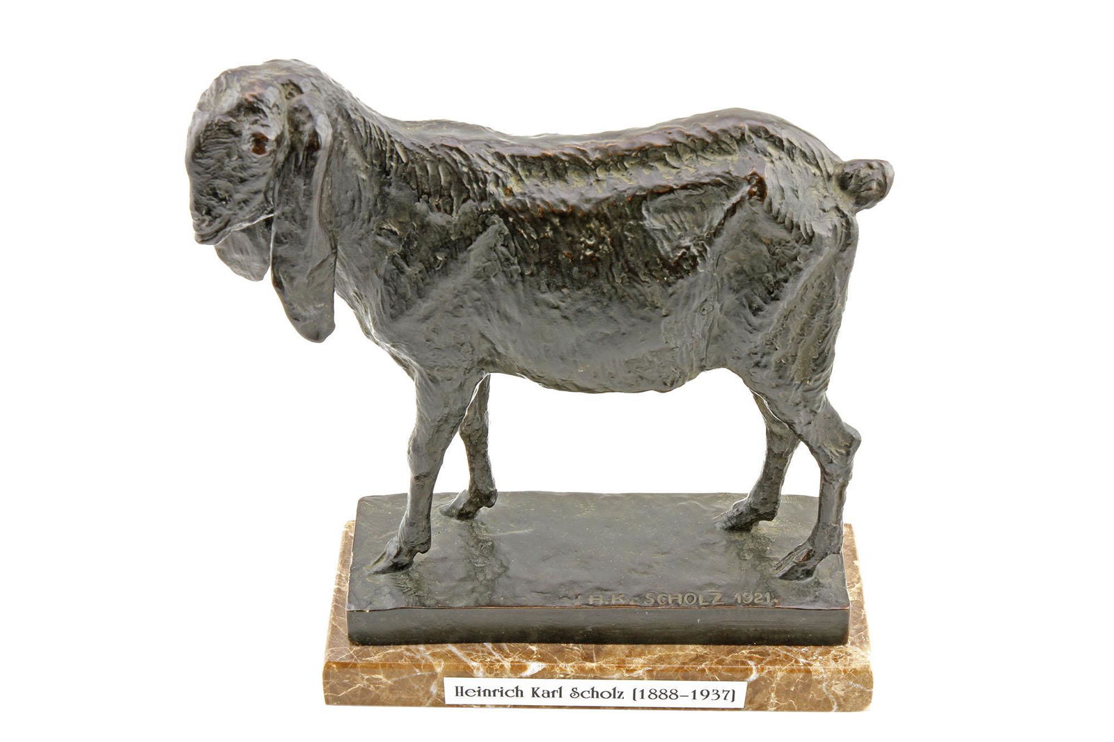 Heinrich Karl Scholz (1888-1937) Bronze of a Lamb: Antique French Bronze of a Lamb- HK Scholz 1921 Heinrich Karl Scholz 1888-1937 On Marble Base 9" H. 8 1/2" L Please review all photos closely. The nonappearance of a condition report does not mean tha