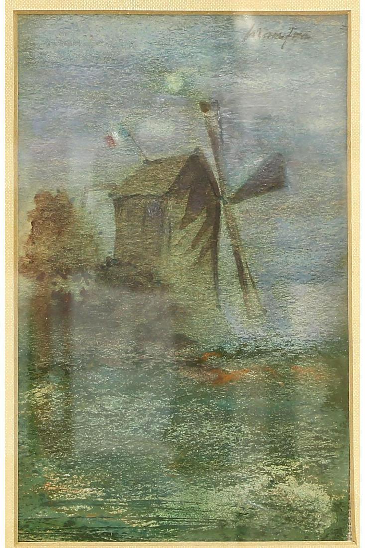 Maxime Maufra (French, 1861-1918) Gouache Drawing: Gouache drawing on card by Maxime Maufra depicting a landscape scene with a windmill. Signed top right hand corner. Measures approx 8" x 6" (11.5" x 9.5" framed). w001253305 Please review all ph