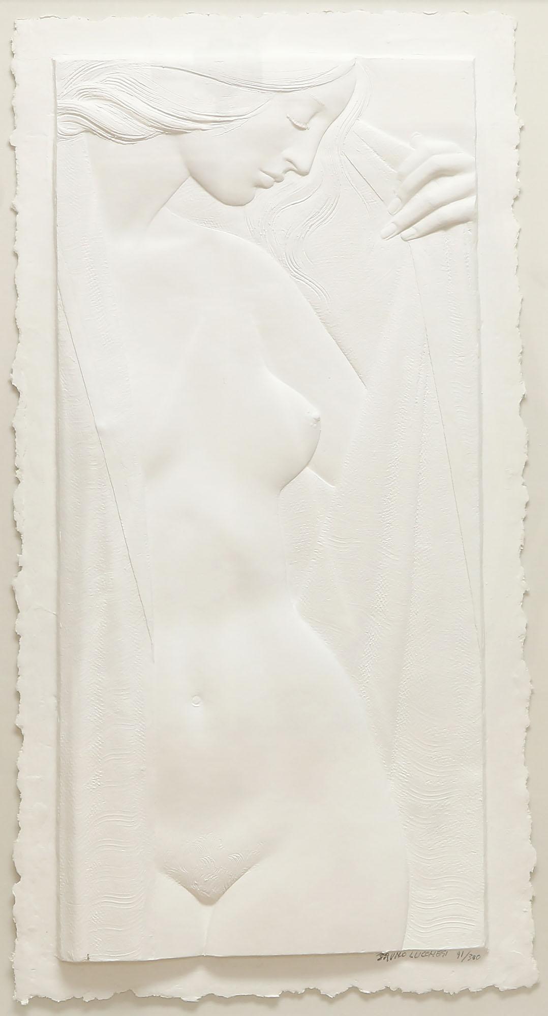 Bruno Lucchesi (American, 1926) Cast Paper Relief: Cast paper relief by Bruno Lucchesi depicting a nude woman. Signed and numbered 91/300 in pencil on the bottom right. Measures approx 34.5" x 17.5" (42" x 25" framed). Frame shows some wear. Please re
