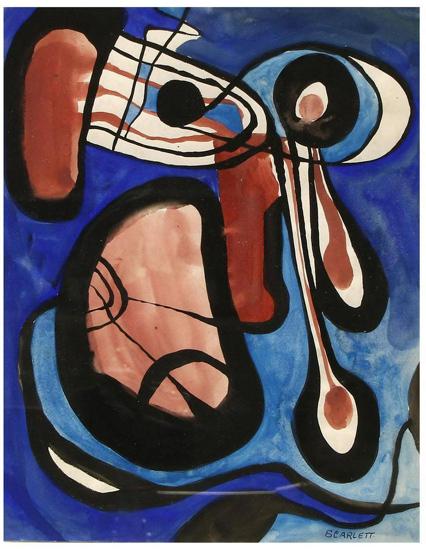 Rolph Scarlett (American, 1889-1984) Watercolor: Untitled abstract watercolor on paper, c. 1948, plexiglass under black wood frame. Measures 13.25" x 10.25" (22.5" x 18.5" framed). Signed in the lower right hand corner. Piece is in e