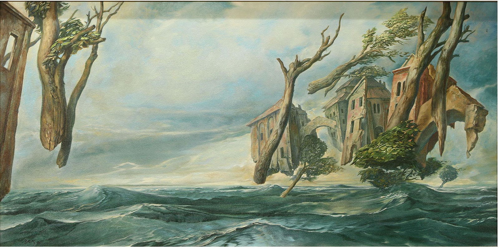 Samuel Bak (Israeli/Polish, 1933) Oil on Canvas: Oil on canvas by Samuel Bak titled "From the Other Side of the World" depicting a seascape with buildings and trees. Signed Bak and dated '01 on the bottom left. Measures approx 47.5" x 23.5" sight (5