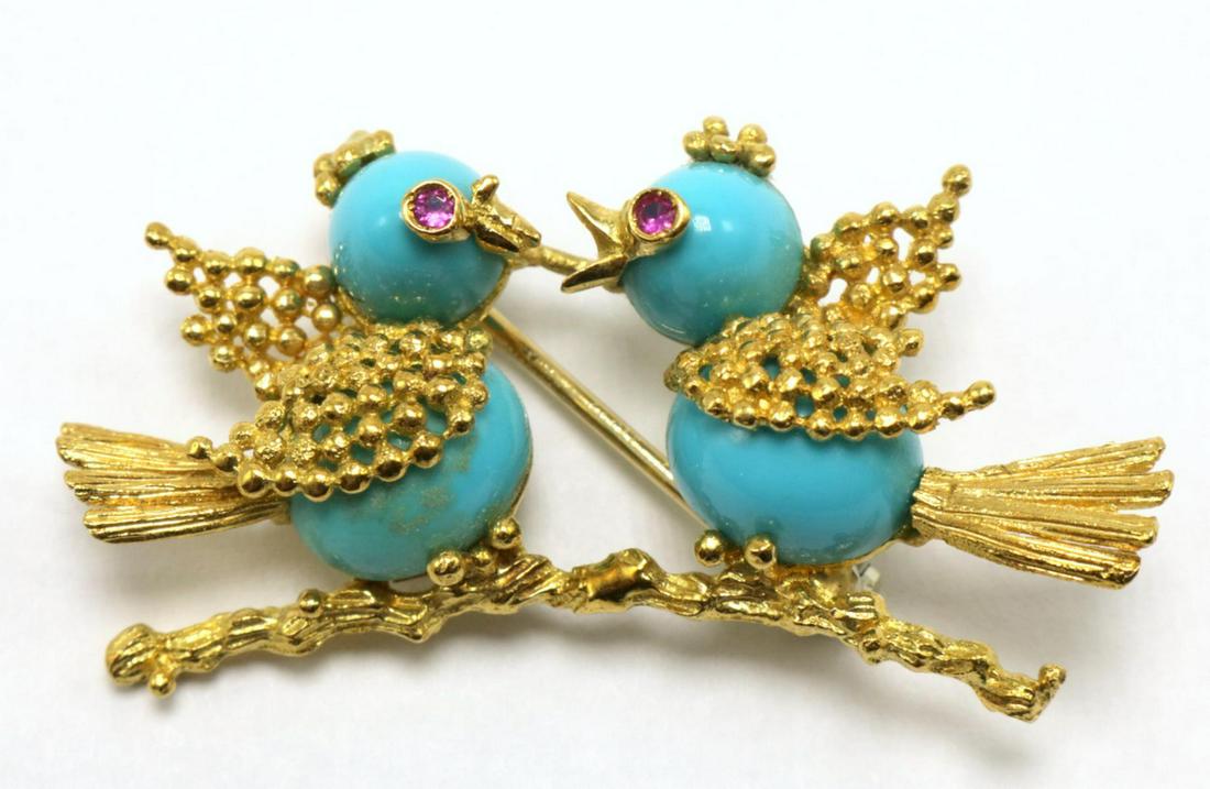 18K Yellow Gold Turquoise Bird Brooch (1 of 2)
