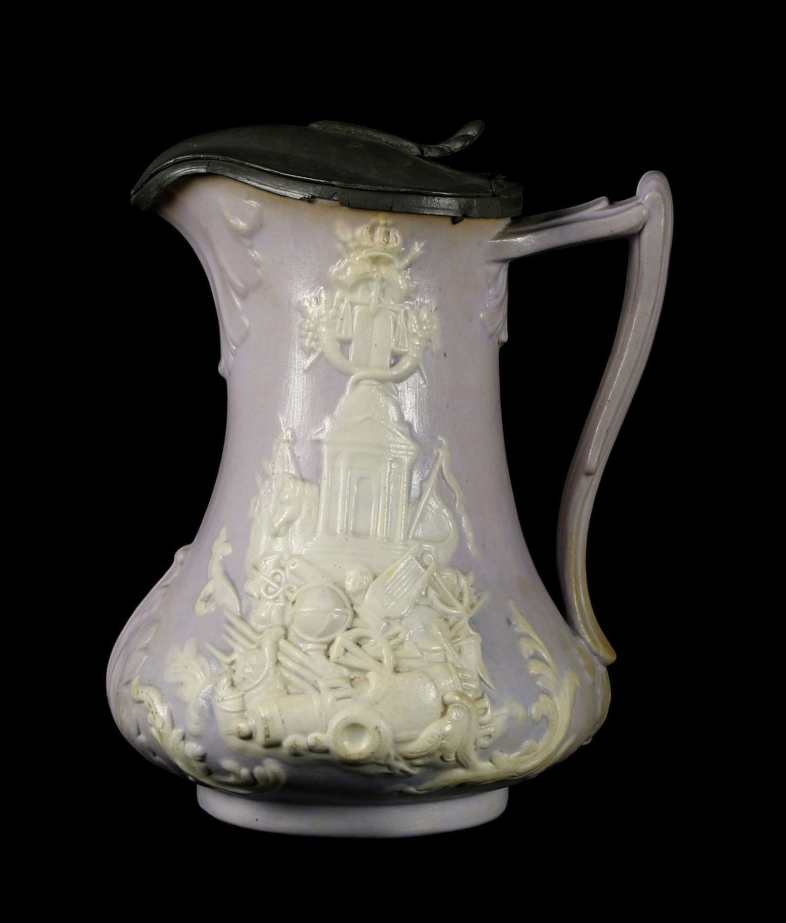 Bradbury Anderson & Bettany Cleopatra's Needle Pitcher: Lavender pitcher titled Cleopatra's Needle by Bradbury Anderson & Bettany. Circa 1850. Hinge at the top is frozen and will not open. Measures approx 8" T x 6" W. Please review all phot