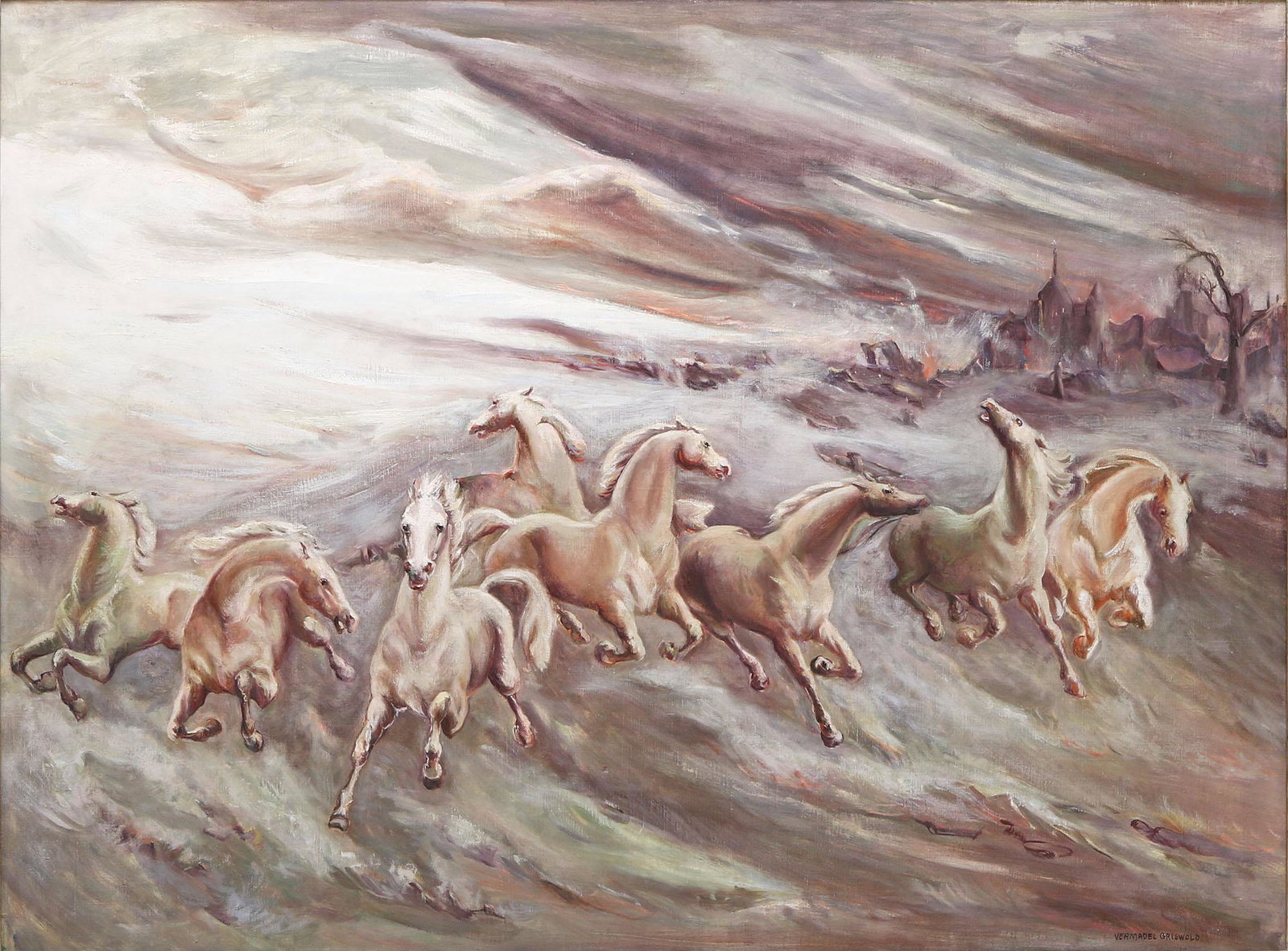 Vermadel Griswold Oil on Canvas: Oil on canvas titled "The Exodus" by Vermadel Griswold. Signed bottom right. Measures approx 40" x 30" (45.5" x 35.5" framed). This piece won the Howard Penrose Prize from The 