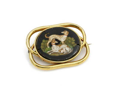 14K Yellow Gold Micro Mosiac Dog Brooch: Very well done micro mosiac depicting 2 dogs with puppies mounted on a 14k yellow gold frame. Mosiac does have a few cracks and the tube frame has a small ding here and there. Please see all photos