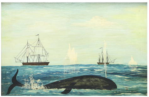 R. Costa Oil on Panel Folk Art Whale with Ships: Oil on panel signed R. Costa depicting an ocean scene with a whale and 2 ships. Signed bottom right. Measures approx 17.5" x 11.5" sight (22" x 16" framed). Frame shows moderate wear.