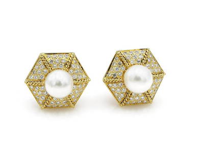 18K Yellow Gold South Sea Pearl & Diamond Earrings: Fancy hexagonal earrings featuring South Sea pearl accented with pave diamonds. Pearls are 11.8mm-11.9mm. Earrings measure approx 23mm and weigh 31 grams. wsale027 Shipping for jewelry items as