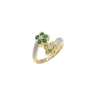 18K YG Diamond Tsavorite & Sapphire Bypass Ring: Bypass ring in 18k yellow gold featuring approx 0.20ctw of tsavorite, 0.20ctw of yellow sapphire, and 0.35ctw of diamonds. It is 16mm wide at the top, a size 6.75, and weighs 6.1 grams. w43956 