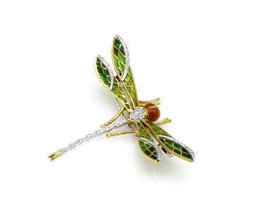 18K Yellow Gold Plique a Jour Diamond Dragonfly Brooch: Striking dragonfly brooch in 18k yellow gold featuring bright and colorful plique a jour enamel along with 51 diamonds weighing approx 0.75ctw with H-I color and VS clarity. It is 51mm x 66mm. 