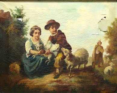 Restoration Special Framed Oil on Canvas: Unsigned oil on canvas depicting a countryside scene with 3 figures and a few lambs roaming about. 20" x 16" (26.5" x 22.5" framed). Canvas has puncture, with overall cracking/ 
