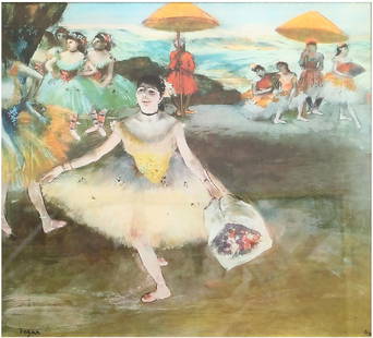 Edgar Degas (FRENCH, 1834â€“1917) Giclee: Giclee after the original work titled "Dancer with a Bouquet Bowing" by Edgar Degas. Glass under wood frame. Measures approx 15.25" x 14" sight (26.25" x 25" framed). Signed