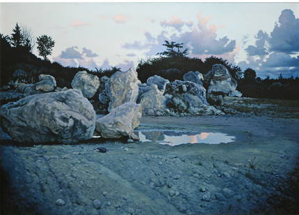 Ian Hornak (American, 1944-2002) Mythical Landscape: Acrylic on canvas titled "Mythical Landscape" by Ian Hornak. Signed and dated July 1974 on the reverse. Canvas measures 36" x 48" (53" x 39" framed). WINV0000121 