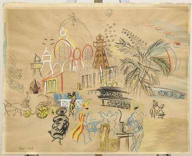 Work on Paper Signed Raoul Dufy: Work on paper signed Raoul Dufy depicting a busy city scene. Signed bottom left. Some writing can be seen on the reverse in pencil but it is illegible. Being that we are not experts, we do not