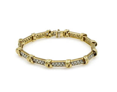 14K Yellow Gold 3.50ct Pave Diamond Bracelet: Bar link bracelet in 14k yellow gold featuring approx 3.50ctw of pave set diamonds with H-I color and VS-SI clarity. It is 7" long, 7mm wide, and weighs 21.2 grams. wpm267901 Shipping for