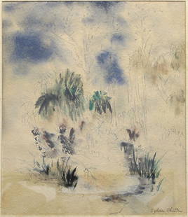 Silvia Chilton (American, 20th Century) Watercolor: Watercolor on paper by Sylvia Chilton depicting a lush landscape. Signed bottom right. Glass under wooden frame. Measures approx 17" x 15" sight (25" x 22" framed). W37549 Please