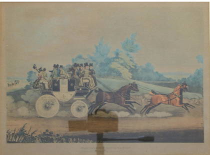 James Pollard Stage Coach & Opposition Coach in Sight: Print titled "Stage Coach & Opposition Coach in Sight" by James Pollard (British, 1792-1867). Glass under wooden frame. Measures approx 17" x 12.5" sight (24.75" x 20.25"