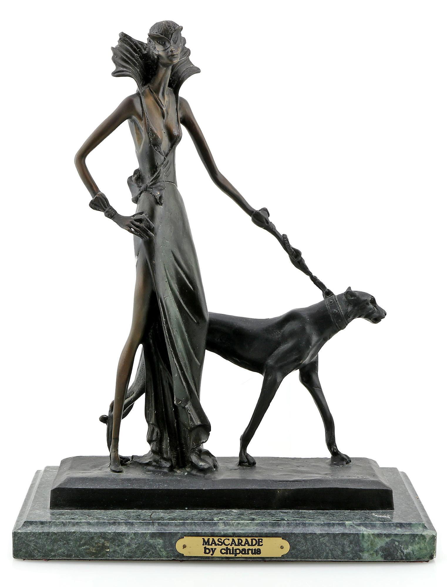 Demetre Chiparus (Romanian, 1986-1947) Mascarade Bronze: Bronze titled "Mascarade" by Demetre Chiparus on green marble base. Signed Chiparus. Measures approx 16.5" T x 13" W x 7" D. Have a similar item to sell? Contact us at info@ma