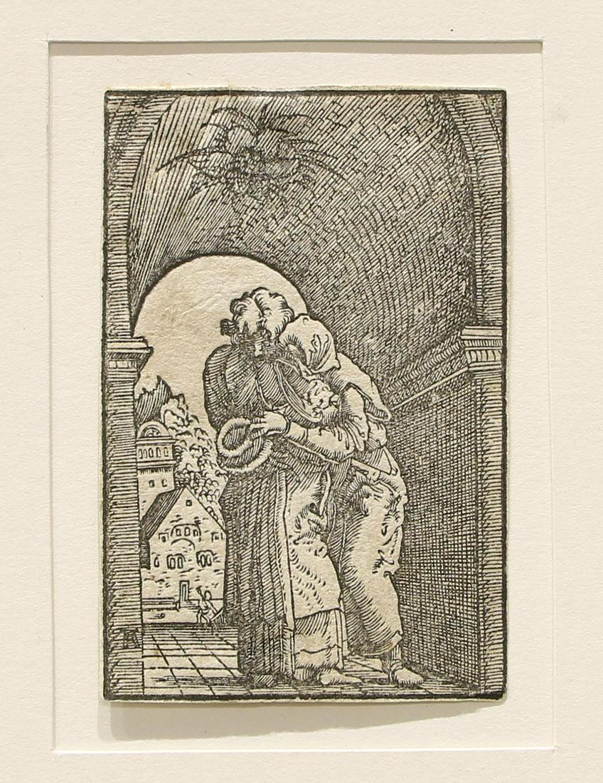 Albrecht Altdorfer (German, 1480-1538) Original Woodcut: Original wood cut by Albrecht Altdorfer depicting St. Joachim embracing St. Anne. Measures approx 2.75" x 1.75". Matting measures approx 16" x 12". While we do believe this to be the w