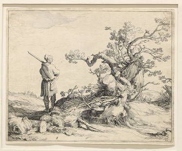 Abraham Bloemaert (Dutch, 1564-1651) Etching: Etching of a hunting scene by Abraham Bloemaert. Measures approx 8.25" x 6.75". Matting measures approx 16" x 12". While we believe this to be the work of Abraham Bloemaert, we can'