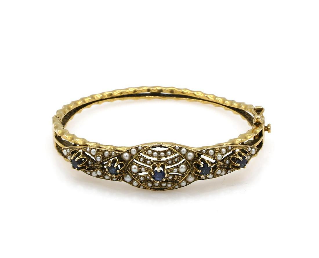 14K Yellow Gold Sapphire & Seed Pearl Bangle Bracelet (1 of 4)