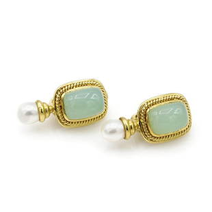 18K Yellow Gold Chalcedony & Pearl Drop Earrings: Earrings in 18k yellow gold featuring chalcedony cabochons along with (2) 8mm pearls. They measure 32mm x 16mm and weigh 24 grams. The posts are collapsible, so they can be worn as clip ons as well. 