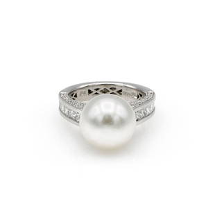 18K White Gold South Sea Cultured Pear & Diamond Ring: Elegant ring in 18k white gold featuring (1) 12.6mm South Sea cultured pearl along with 52 diamonds weighing approx 1.76ctw. It is a size 7 and weighs 10.3 grams. wsalr047 Have a similar item to