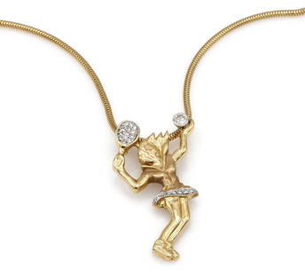 14K YG Tennis Player Pendant Necklace w/ Diamonds: Necklace in 14k yellow gold featuring a tennis player set with 1 diamond weighing approx 0.50ct along with 21 diamonds weighing approx 0.50ctw. Round snake chain measures approx 16" and the