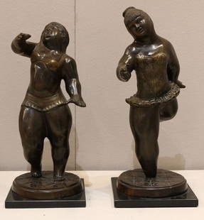 Julio Pedro Borrego (B. 1951) Pair of Bronzes: Pair of bronze dancers by Julio Pedro Borrego. Signed P. Borrego and numbered 38/500 on the base. Bronze 1 - approx 20.5" t x 15" w Bronze 2 - approx 19.5" t x 8.5" w Have a