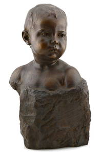 Attributed to Mariano Benlliure y Gil Bust Bronze: Bronze bust sculpture of a baby in the style of Mariano Benlliure y Gil. Measures approx 18" H x 11" W. Signed M. Benlliure center right. Have a similar item to sell? Contact us at