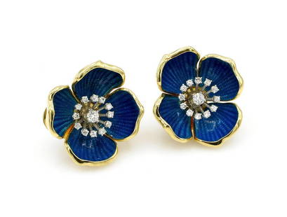 18K Yellow Gold Diamond & Enamel Flower Earrings: Flower earrings in 18k yellow gold featuring a vibrant blue enamel along with 26 diamonds weighing approx 0.90ctw with H-I color and VS clarity. They measure approx 29mm x 31mm and weigh 34.6 grams. 