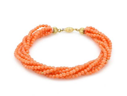 18K Yellow Gold Multi Strand Coral Beaded Bracelet: Lovely multi strand coral beaded bracelet featuring an 18k yellow gold scalloped clasp. It has approx 3mm coral beads, is approx 7.75" long, and weighs 14 grams. wpm831402 Have a similar item