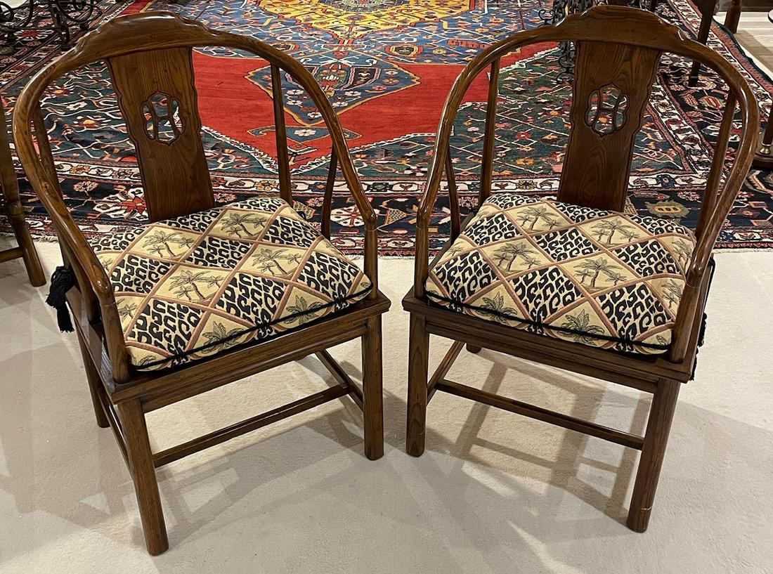 Pair of Henredon Chairs: Pair of Henredon wooden chairs with cushions. Wood finish does show a blemish here and there. They measure approx 36.5" t x 22.5" w x 19" d. Seat height - 20". Have a similar item to s