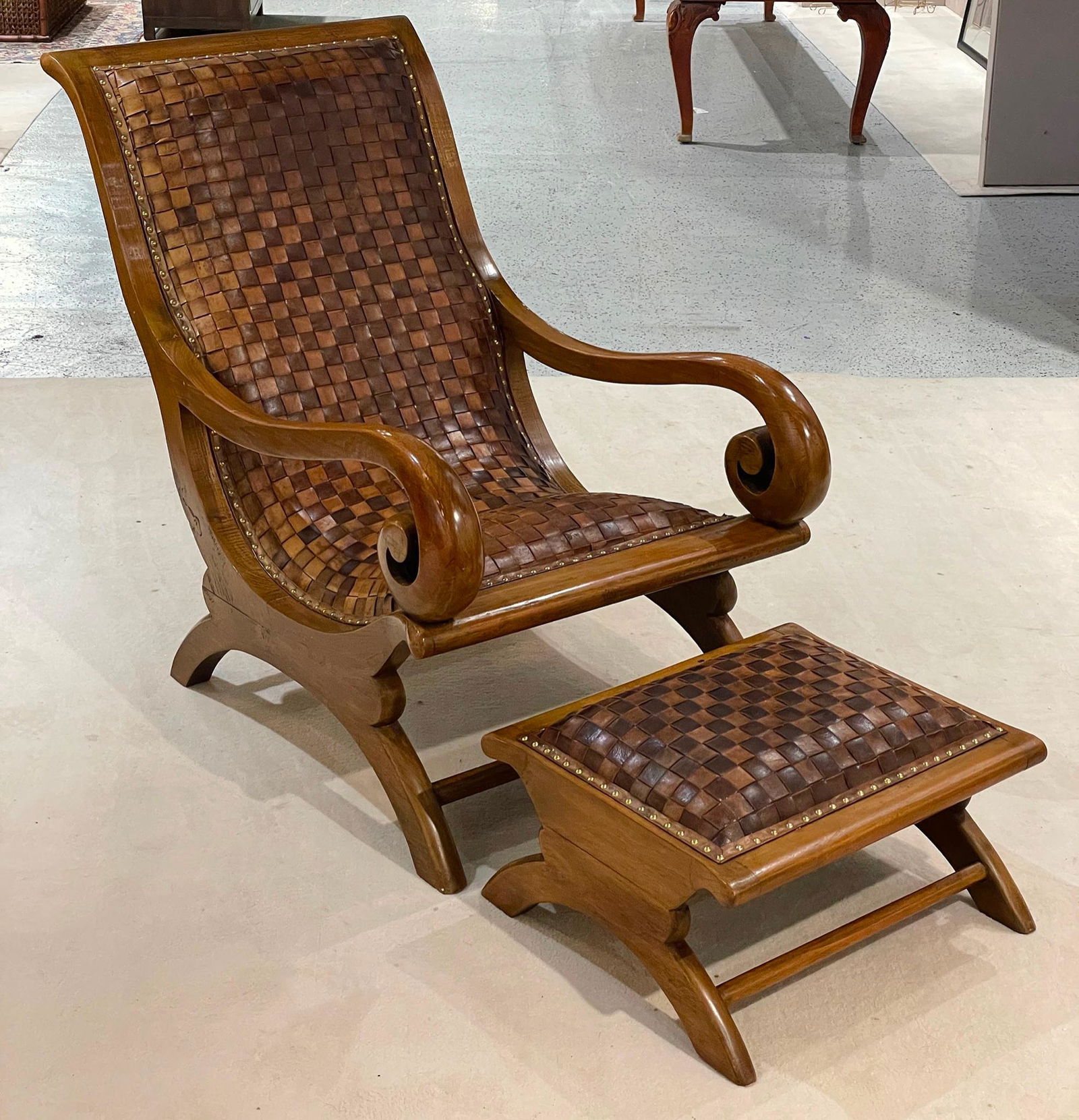 Carved Wood Woven Leather Lounge Chair with Ottoman (1 of 4)