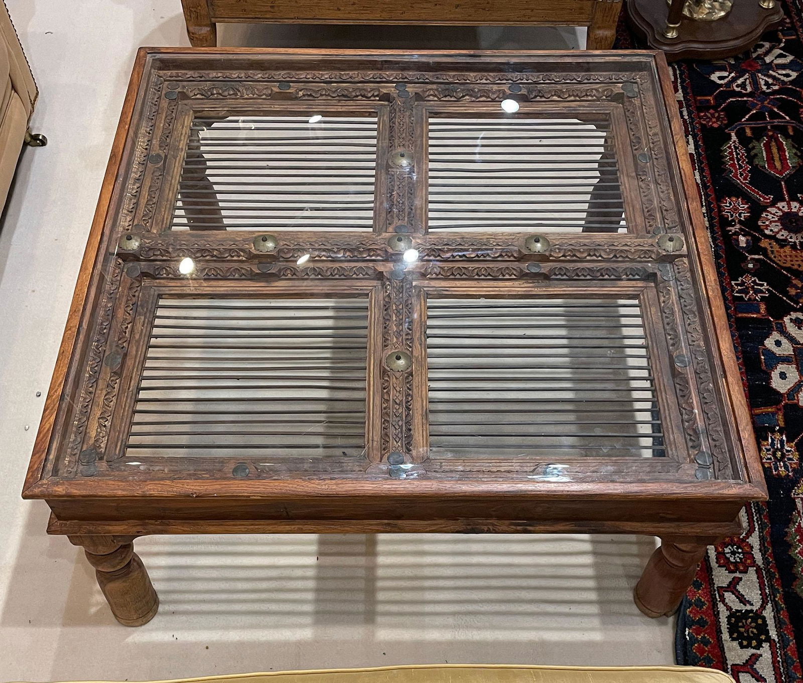 Carved Wood and Metal Coffee Table (1 of 4)