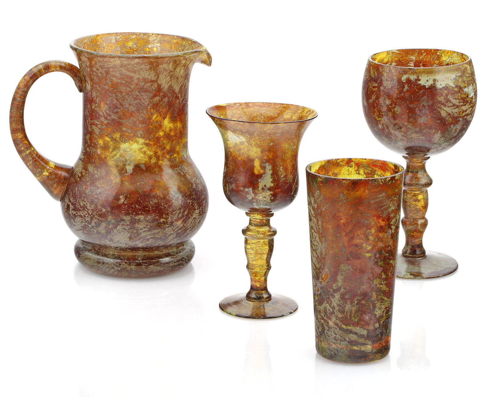 36 Piece Red Moss Agate Drinkware: 36 piece red moss agate drinkware set consists of: 1 Pitcher - 8.25" t 15 Goblets - 8" t 11 Glasses - 6" t 9 Wine Glasses - 7" t The set does not appear to show any visible chips, but 