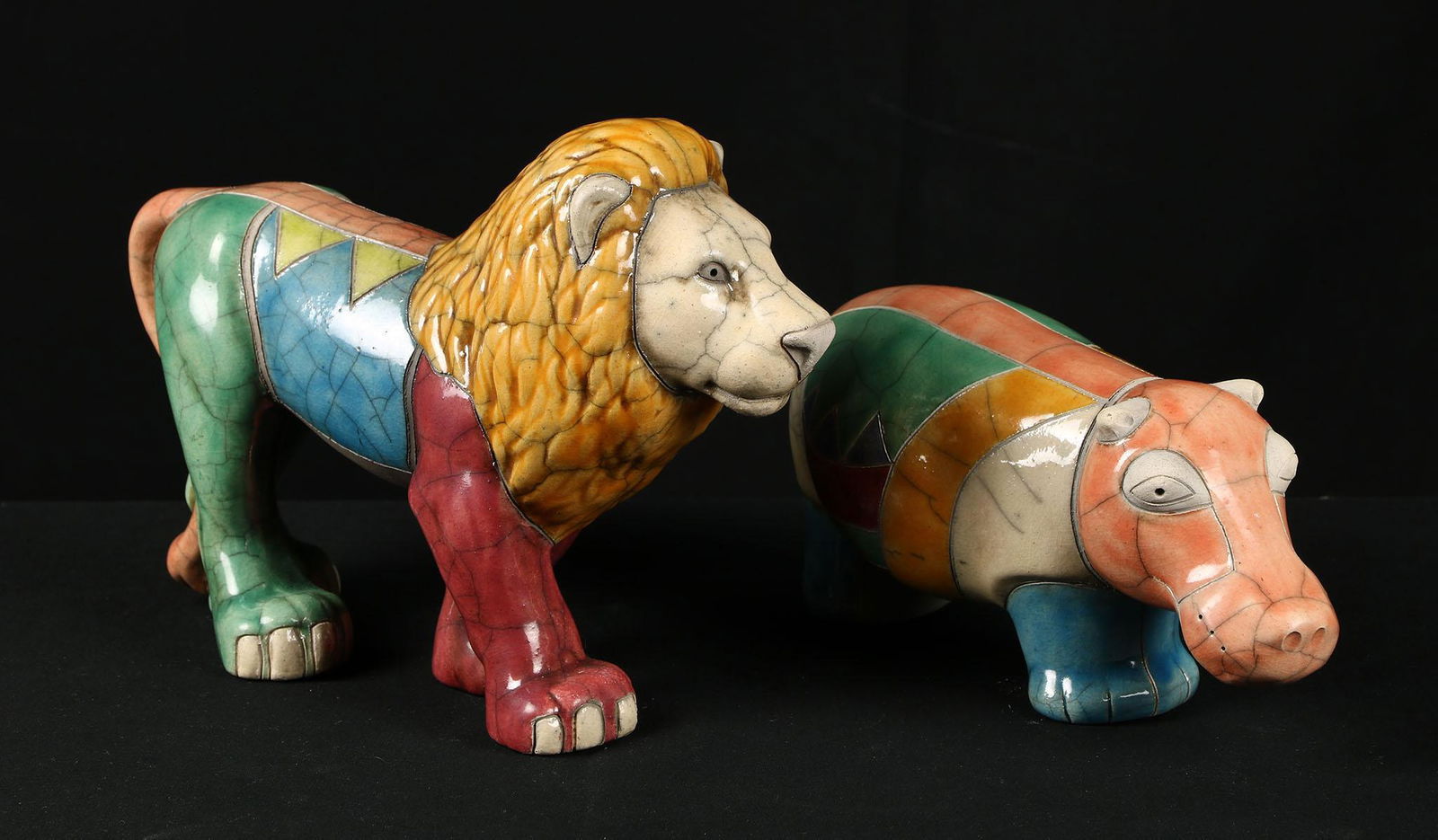South African Fenix Raku Pottery Lion & Hippo (1 of 4)