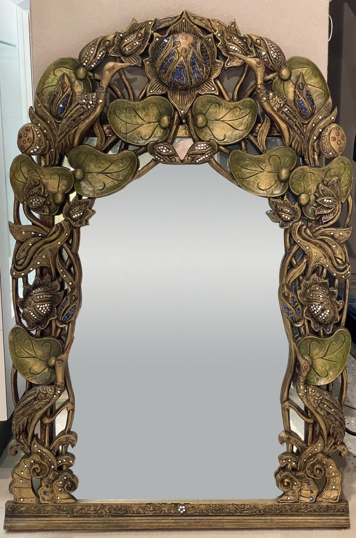 Hand Carved Floral Mirror with Birds (1 of 4)
