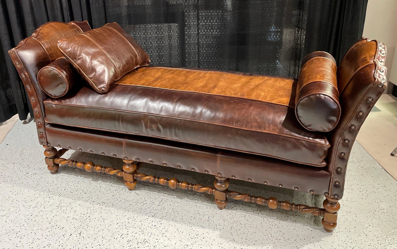 Furniture Your Way Leather Daybed: Two-tone leather daybed by Furniture Your Way. Leather shows some scratching to the finish consistent with daily wear. Measures approximately 37 inches h x 80” w x 31” d. Seat height appro