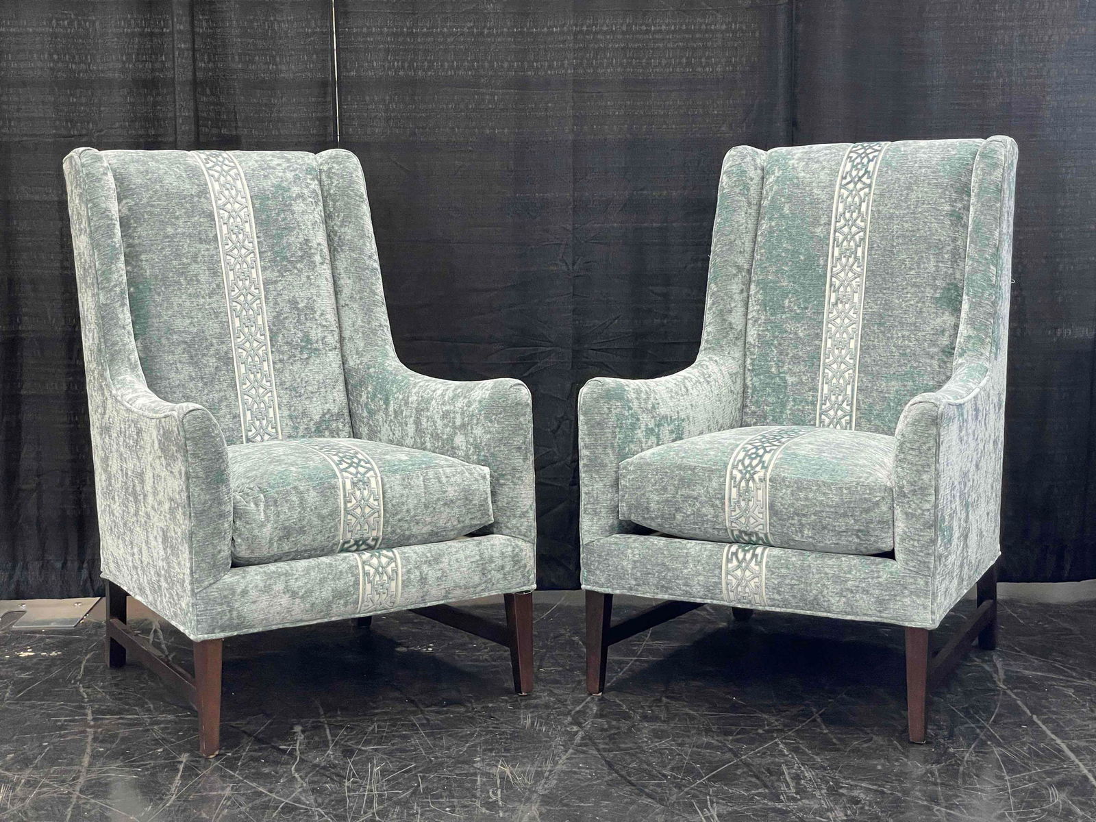 Pair of Massoud Reese Wing Chairs: Pair of Reese wing chairs by Massoud in the celadon color. They measure approximately 45 inches tall by 29 inches wide by 35 inches deep. Current retail price $3,650 each. Have a similar item to sell