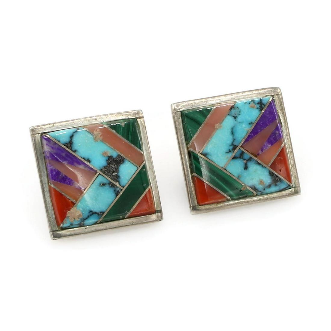 Betty Nez Sterling Silver Multi Color Inlay Earrings (1 of 3)