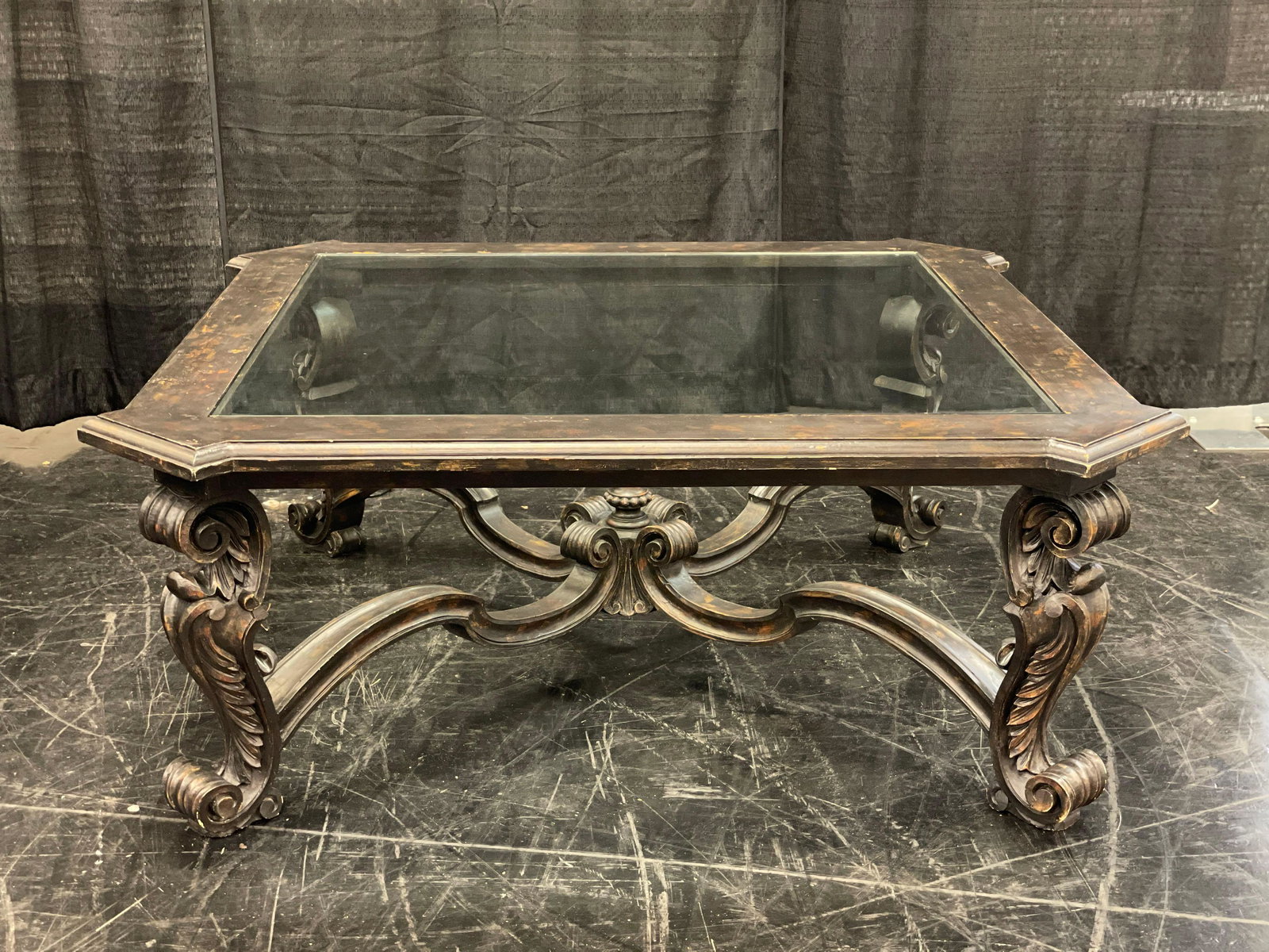 Carved Wood Glass Top Coffee Table (1 of 6)