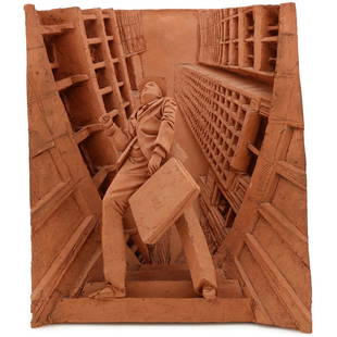 Paul Day (British b. 1967) Terracotta Sculpture: A high relief terracotta sculpture by Paul Day depicting a businessman in the city. Signed and dated '97. Measures approx 14" t x 12" w x 6.5" d. Have a similar item to sell? Contact u