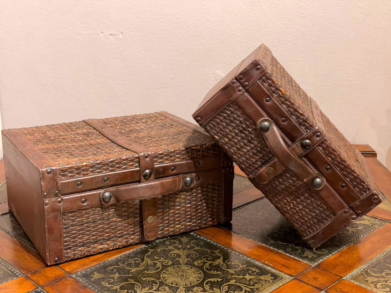Pair of Wicker & Leather Nesting Boxes (1 of 5)