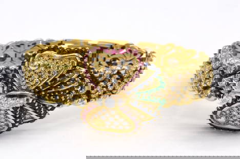 Rare Audemars Piguet 18Kt Diamond Ladies Watch: Rare Audemars Piguet 18Kt Yellow Gold Emerald, Ruby, Sapphire & Diamond Ladies Butterfly Watch. Measures approx. - 6 3/4" long. Weight approx. - 48.2 dwt. "No. 1" on back. Quartz swiss