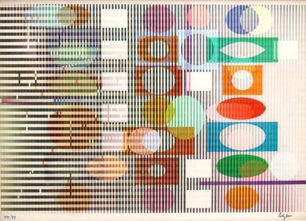 Yaacov Agam "Poly Meta" Agamograph: Yaacov Agam (b. 1928) &#34;Poly Meta&#34; Agamograph. Poly Meta #3. Signed lower right, numbered lower left #29/99. Measures approx. - 11 1/4&#34; high x 15 5/8&#34; wide, total with frame - 21&#34; h